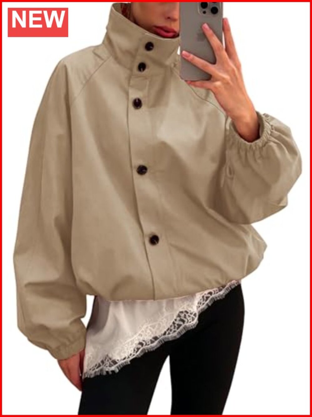 Womens Funnel Neck Cropped Windbreaker Jacket Oversized Zip Bomber